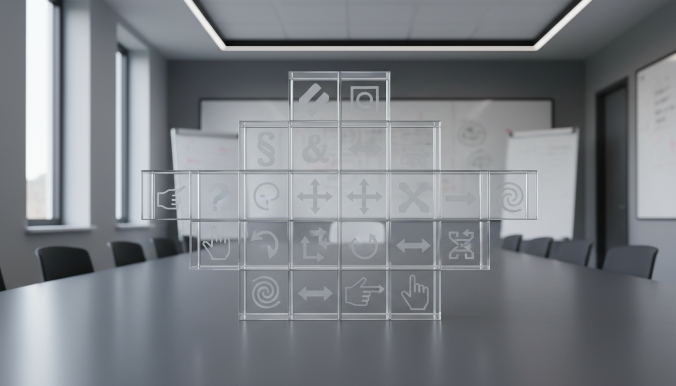 A set of interconnected clear acrylic cubes, each etched with minimalist icons of grammatical symbols, arrows, and gesture silhouettes, precisely aligned on a matte slate-gray table. The environment is a well-organized research meeting room with clean whiteboards and subtle accent lighting. Ambient daylight from narrow clerestory windows bathes the scene, creating gentle highlights on the transparent surfaces and structured reflections on the table. The mood is analytical and innovative, suggesting layers of meaning and complex interactions. The image is photographed at an eye-level angle with a symmetrical, balanced composition and sharp focus throughout. The style is clean and modern, reinforcing the project's interplay of structure and clarity.