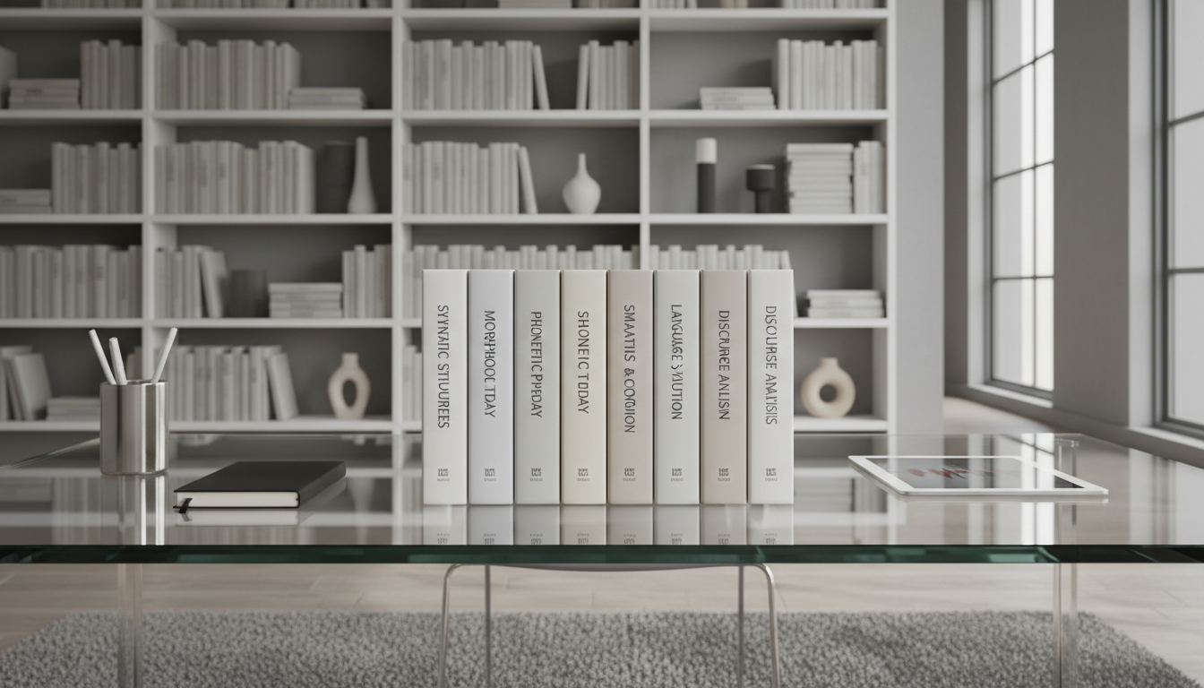 A meticulously stacked arrangement of hardcover linguistics books with sleek, neutral-toned dust jackets, featuring subtle embossed titles and clean lines, placed on a crisply organized glass desk. The desk sits within a bright, contemporary corporate office lined with minimalist shelving and muted gray walls. Soft daylight pours in through large windows, casting diffused illumination evenly over the books and workspace while gentle shadows add dimension. The image exudes an atmosphere of order, professionalism, and intellectual focus, with a centered composition shot at desk height for visual clarity. The visual style is photographic realism with a clean, modern, and structured layout, perfectly aligning with the site's educational and research-driven purpose.