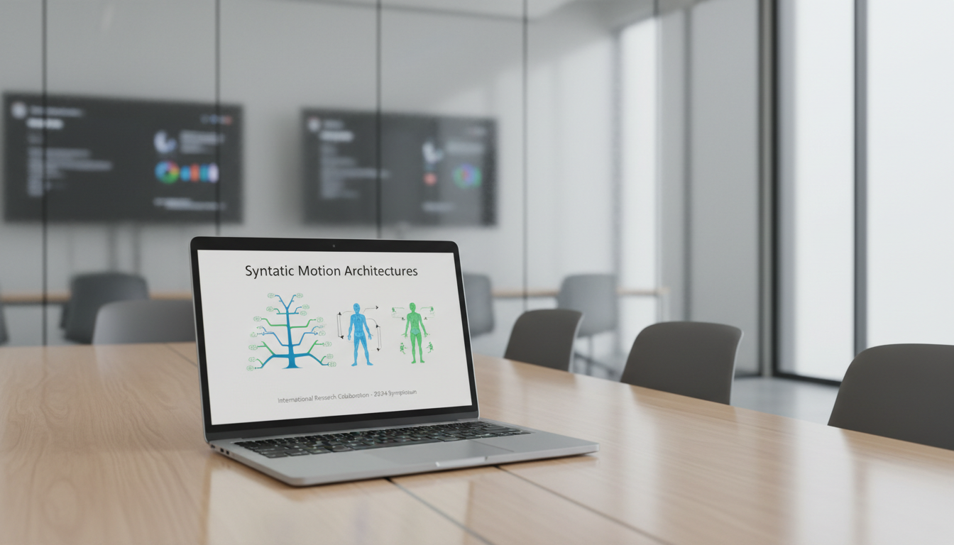A glossy silver laptop open to an academic presentation slide displaying schematic diagrams of syntax structures and body movement annotations, set on a smooth, pale wood conference table. In the background, translucent partitions, matte gray office chairs, and smartboards form a neutral and highly organized research environment. Daylight filtered through frosted glass panels creates balanced lighting and soft reflections on surfaces. The mood is focused, collaborative, and forward-thinking. Captured from a slightly elevated perspective, the laptop is framed slightly off-center using the rule of thirds, emphasizing both the device and the intentional workspace. The photograph embodies a sophisticated, corporate aesthetic that underscores contemporary international research.